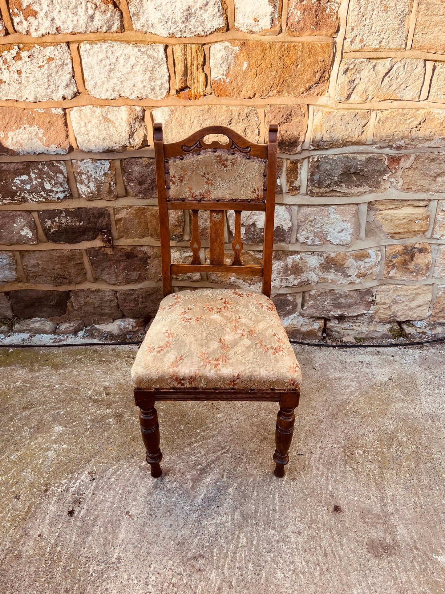Antique Edwardian Oak Dining Chair – Upholstered Seat & Back, Carved Detail Hall Chair, Victorian Style Side Chair