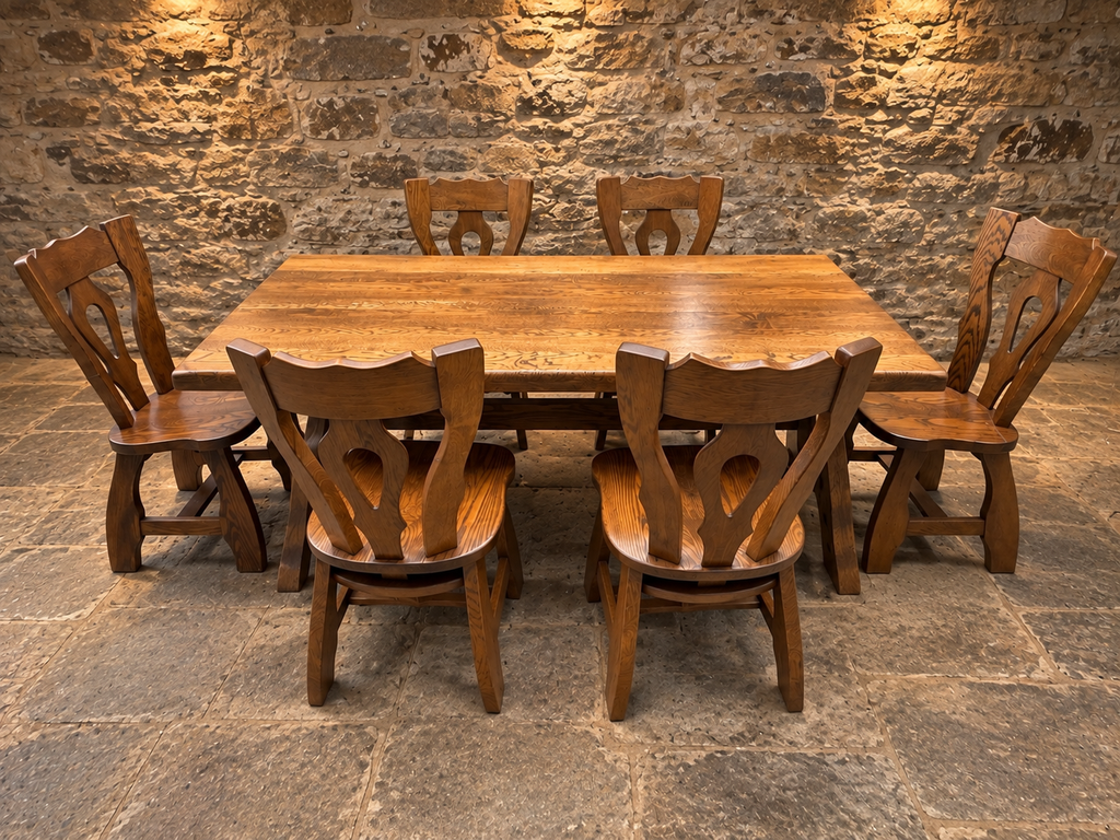 Mid-Century French Oak Dining Table & Six Chairs – Guillerme et Chambron Style c.1970