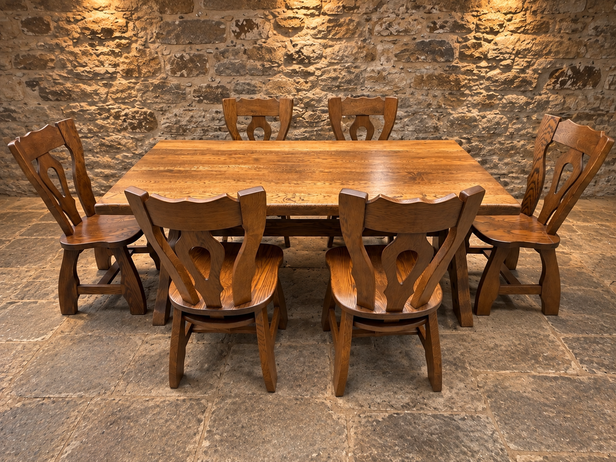 Mid-Century French Oak Dining Table & Six Chairs – Guillerme et Chambron Style c.1970