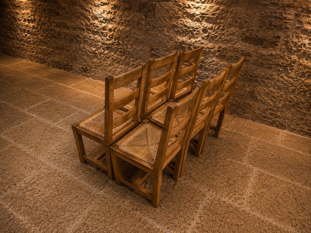 Set of 6 Solid Oak Arts & Crafts Ladder Back Dining Chairs with Rush Seats
