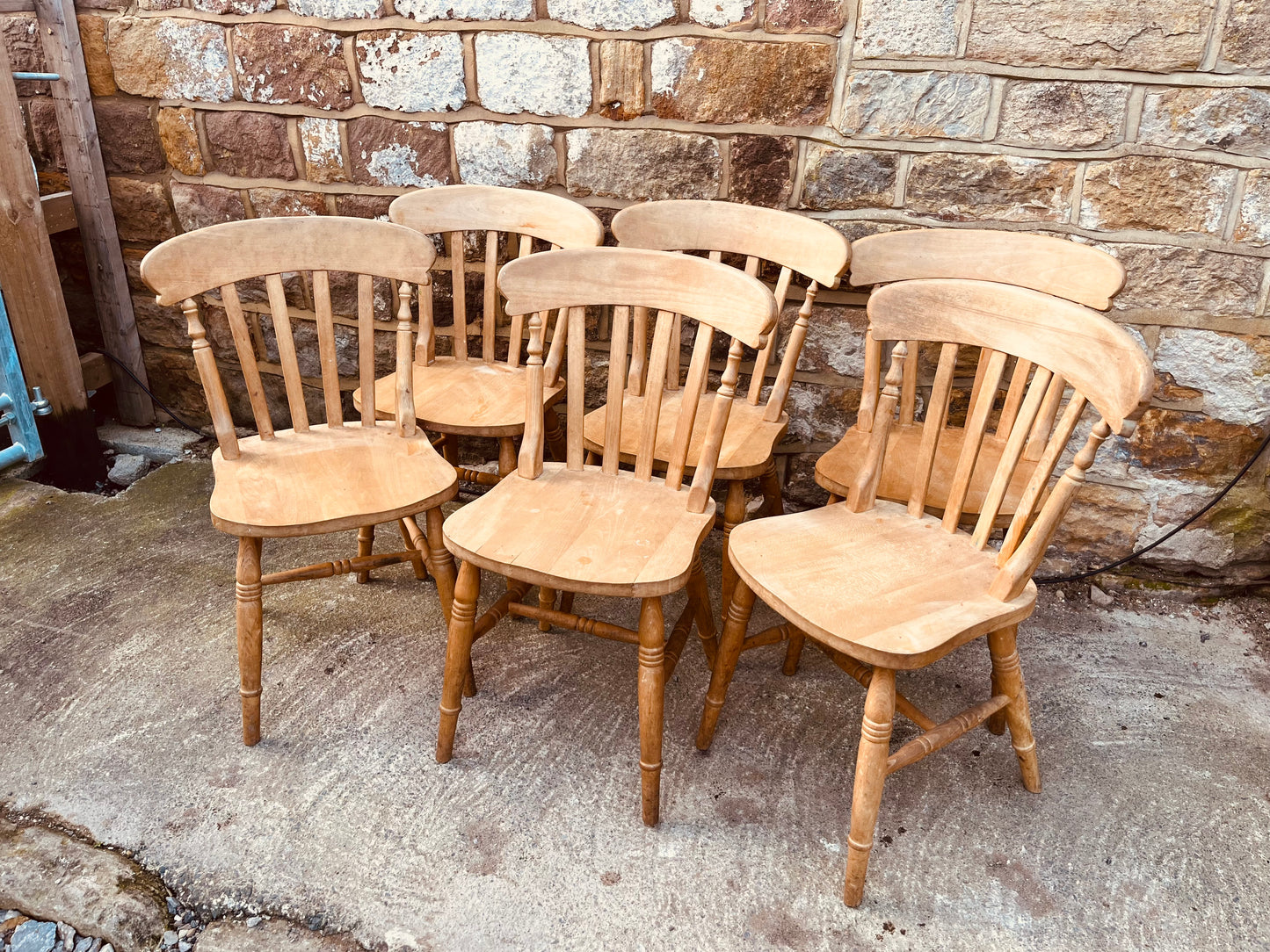 Set of Six Vintage Farmhouse Windsor Dining Chairs – Rustic Solid Wood Kitchen Chairs