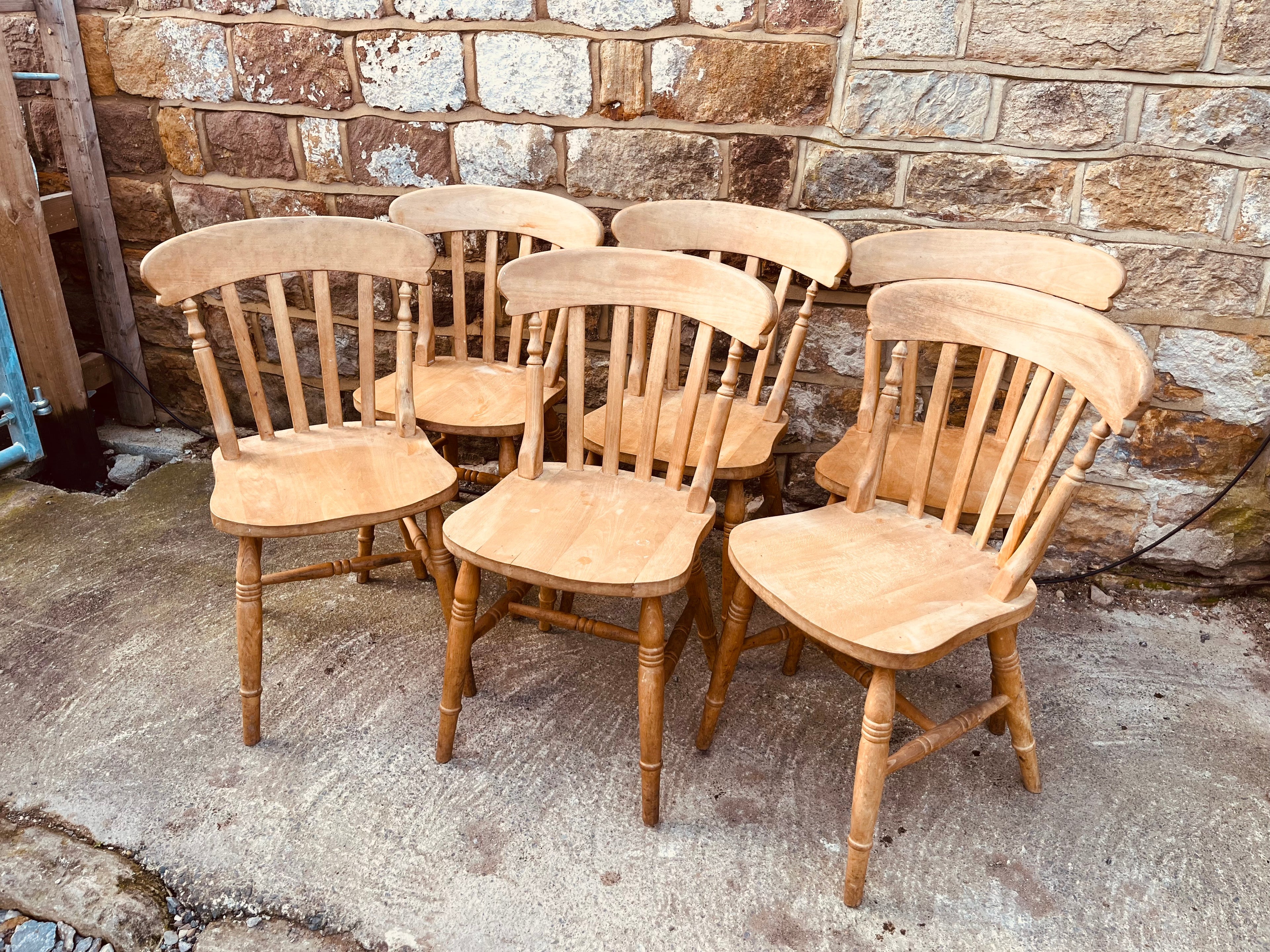 Set of Six Vintage Farmhouse Windsor Dining Chairs – Rustic Solid Wood Kitchen Chairs