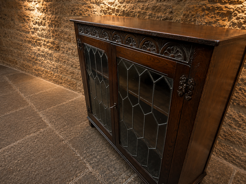 Vintage Oak Leaded Glass Display Cabinet | Gothic Revival Bookcase | Drinks Cabinet