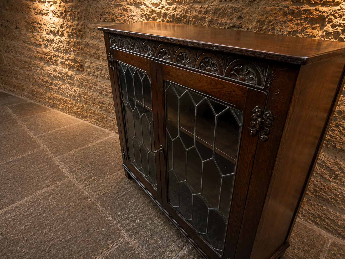 Vintage Oak Leaded Glass Display Cabinet | Gothic Revival Bookcase | Drinks Cabinet