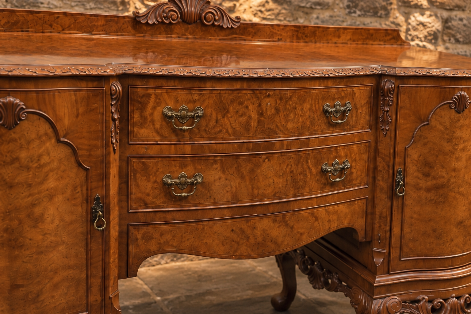 Vintage Queen Anne Style Burr Walnut Sideboard – Ornate Carved Cabriole Leg Buffet Cabinet