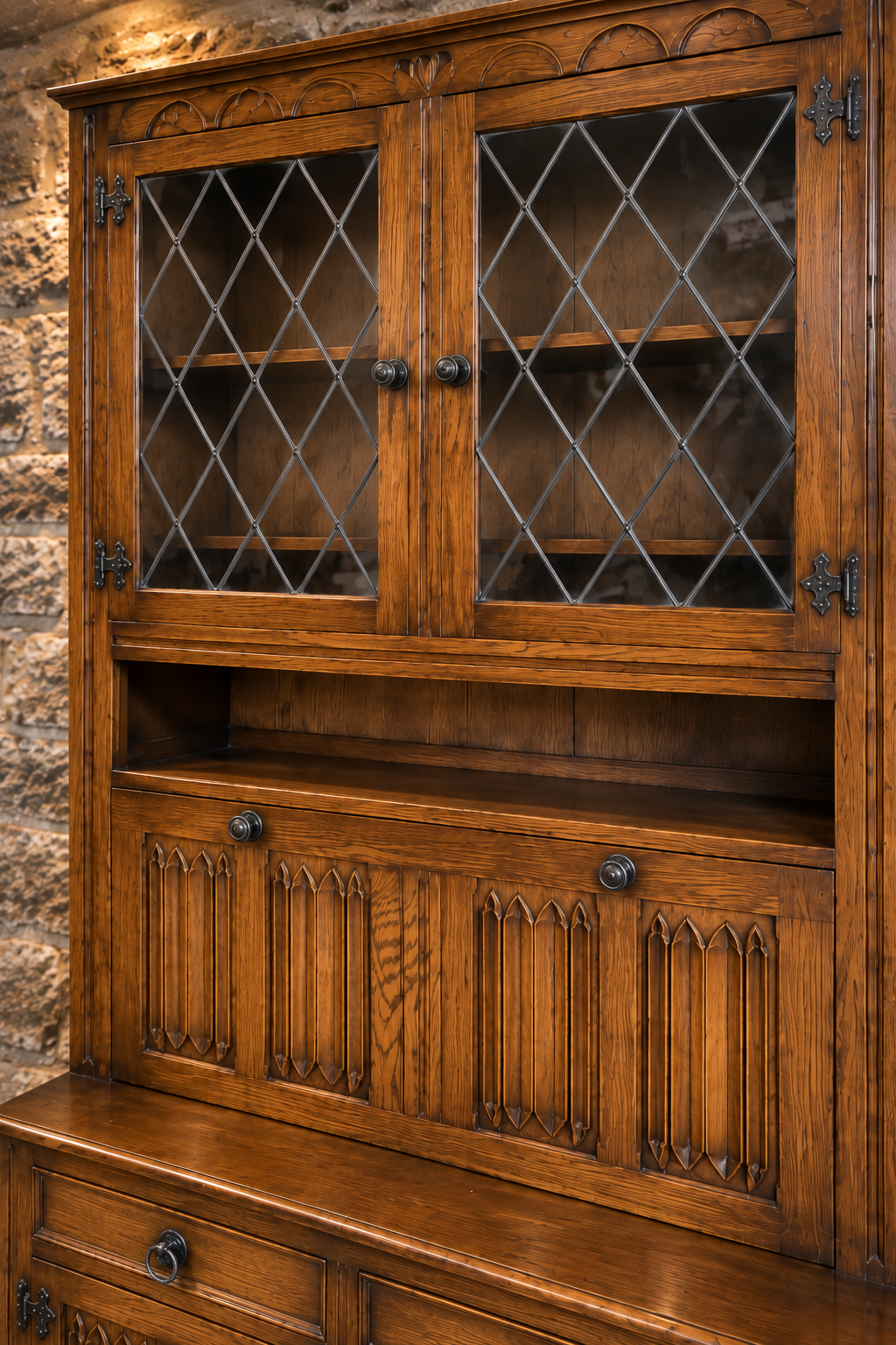 Vintage Carved Oak Tudor Revival Dresser & Leaded Glass Cabinet