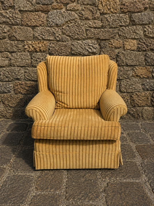 Vintage English Country House Armchair in Golden Stripe Upholstery