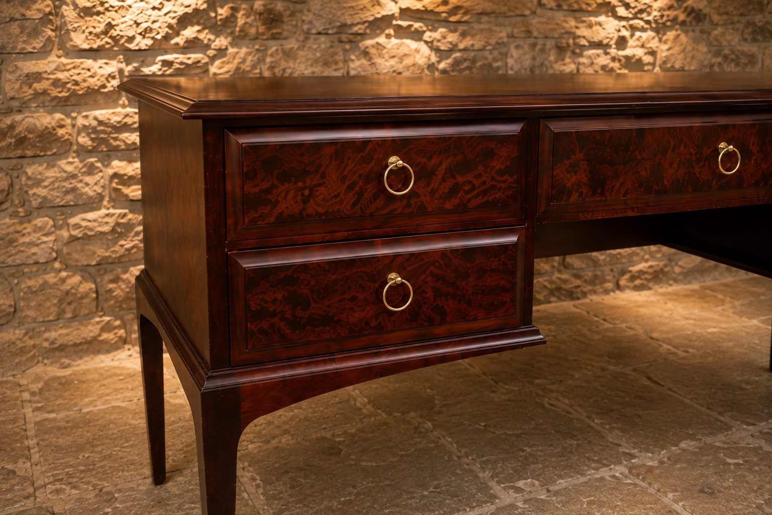 Traditional Burr Veneer Partner Style Office Desk | Executive Six Drawer Writing Desk