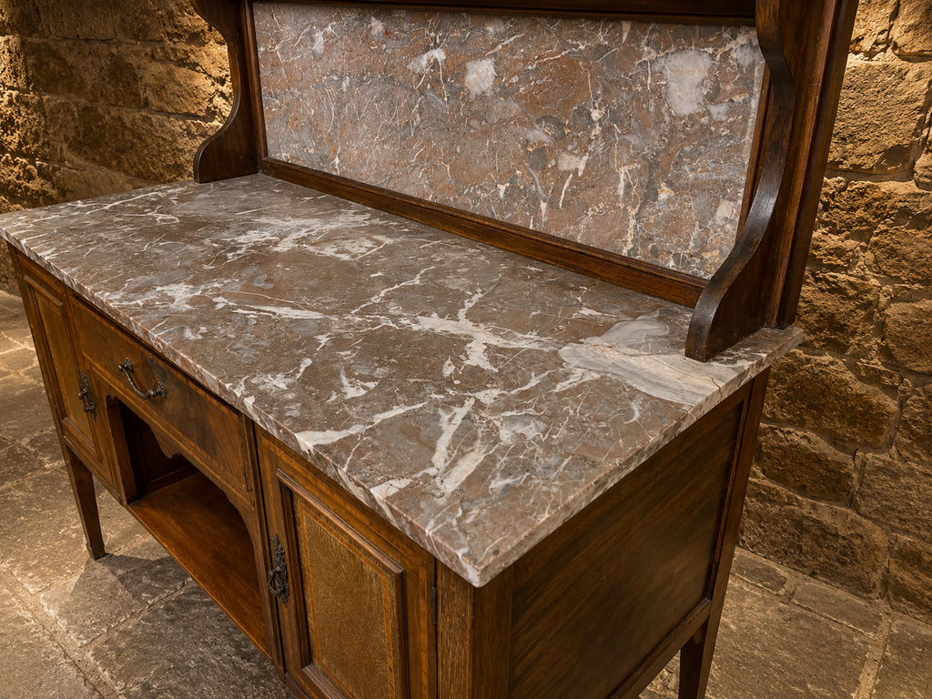 Antique Victorian Inlaid Marble Top Sideboard – Circa 1890