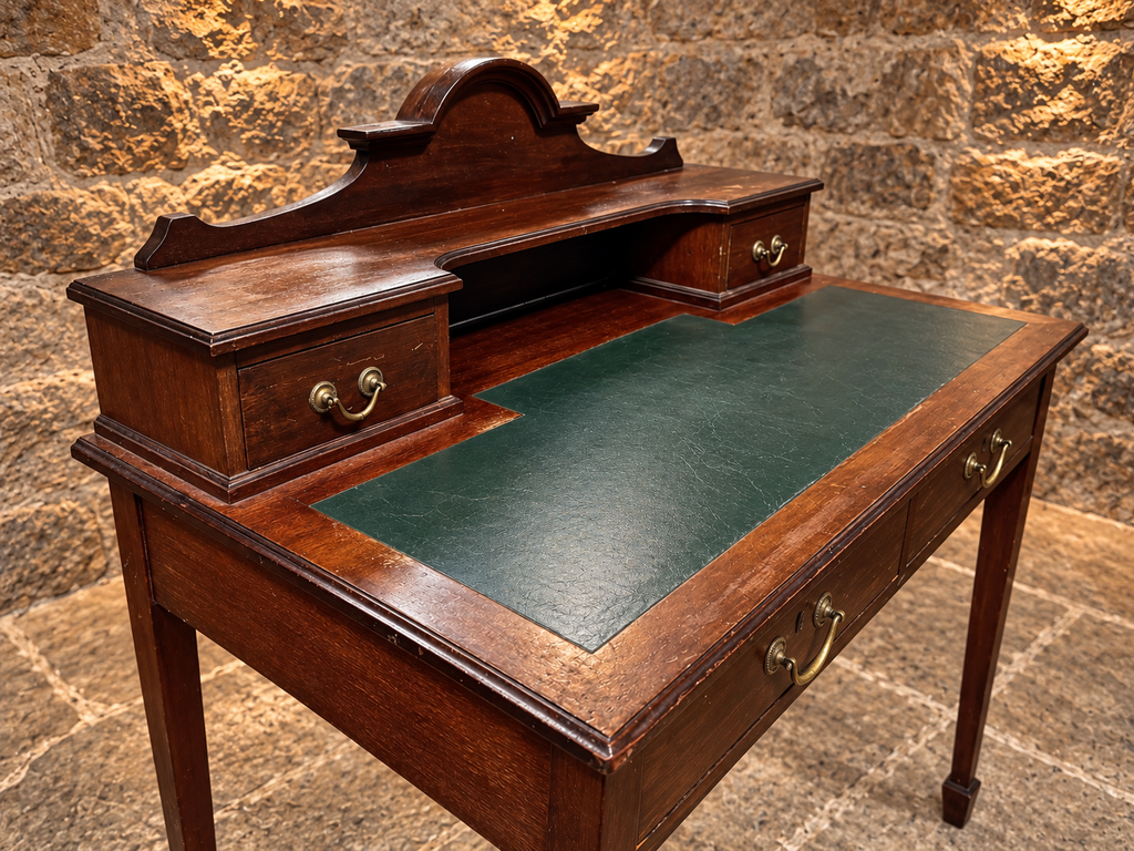 Antique Edwardian Mahogany Writing Desk c.1900 – Green Leather Top & Raised Gallery