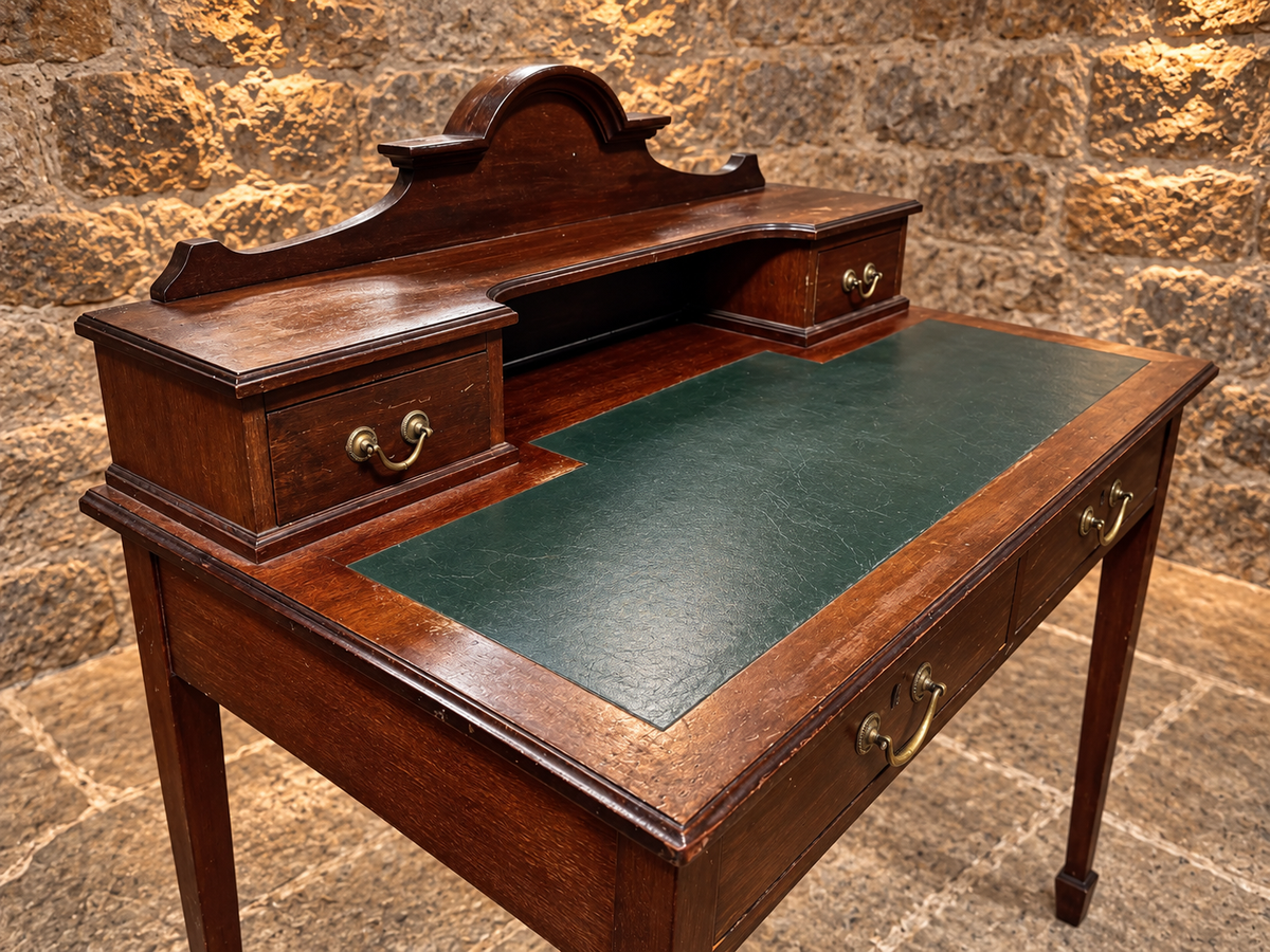 Antique Edwardian Mahogany Writing Desk c.1900 – Green Leather Top & Raised Gallery