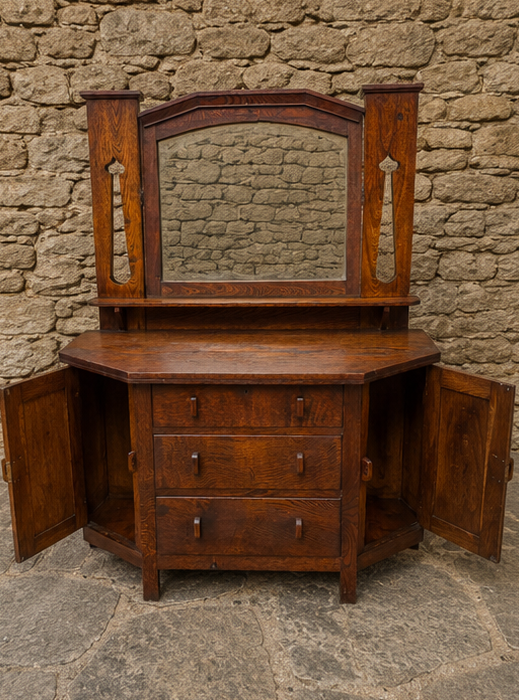 Antique Arts & Crafts Oak Mirror Back Sideboard / Dressing Chest c.1910