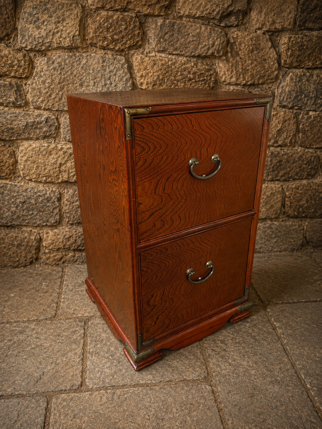 Vintage Elm Campaign Style Bedside Cabinet with Brass Mounts