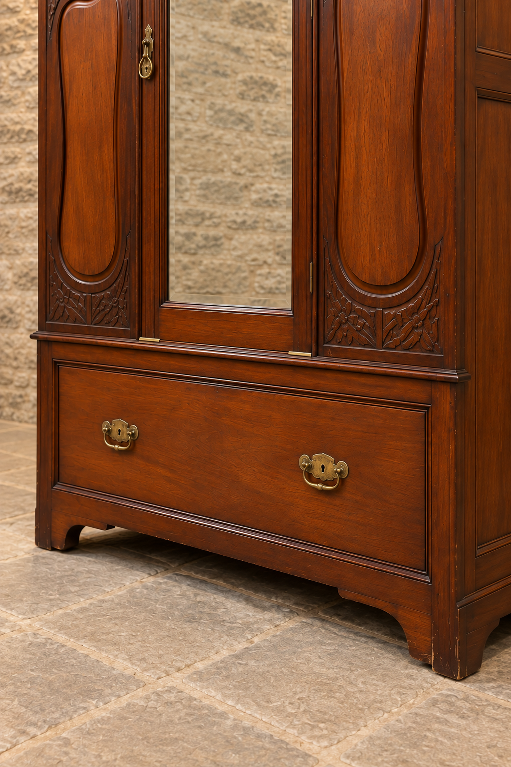 Edwardian carved mahogany mirrored wardrobe