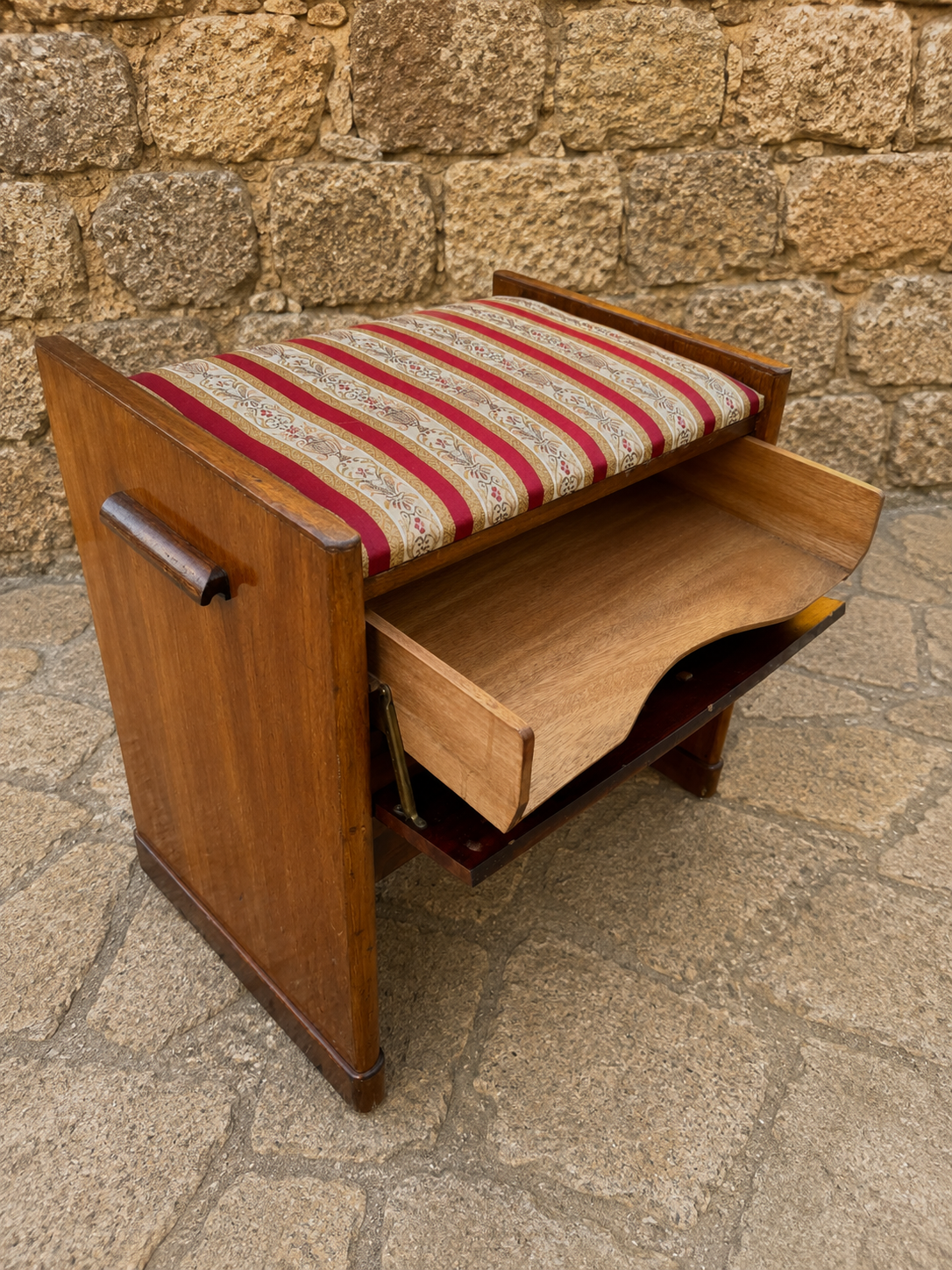 Mid Century Teak Sewing Cabinet Stool – Vintage Storage Seat with Drawers & Pull-Out Shelf