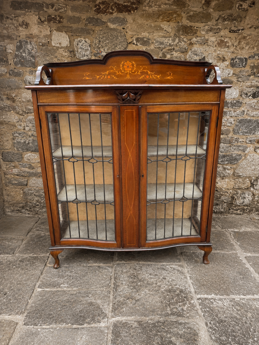 Edwardian Inlaid Mahogany Display Cabinet with Leaded Glass Doors