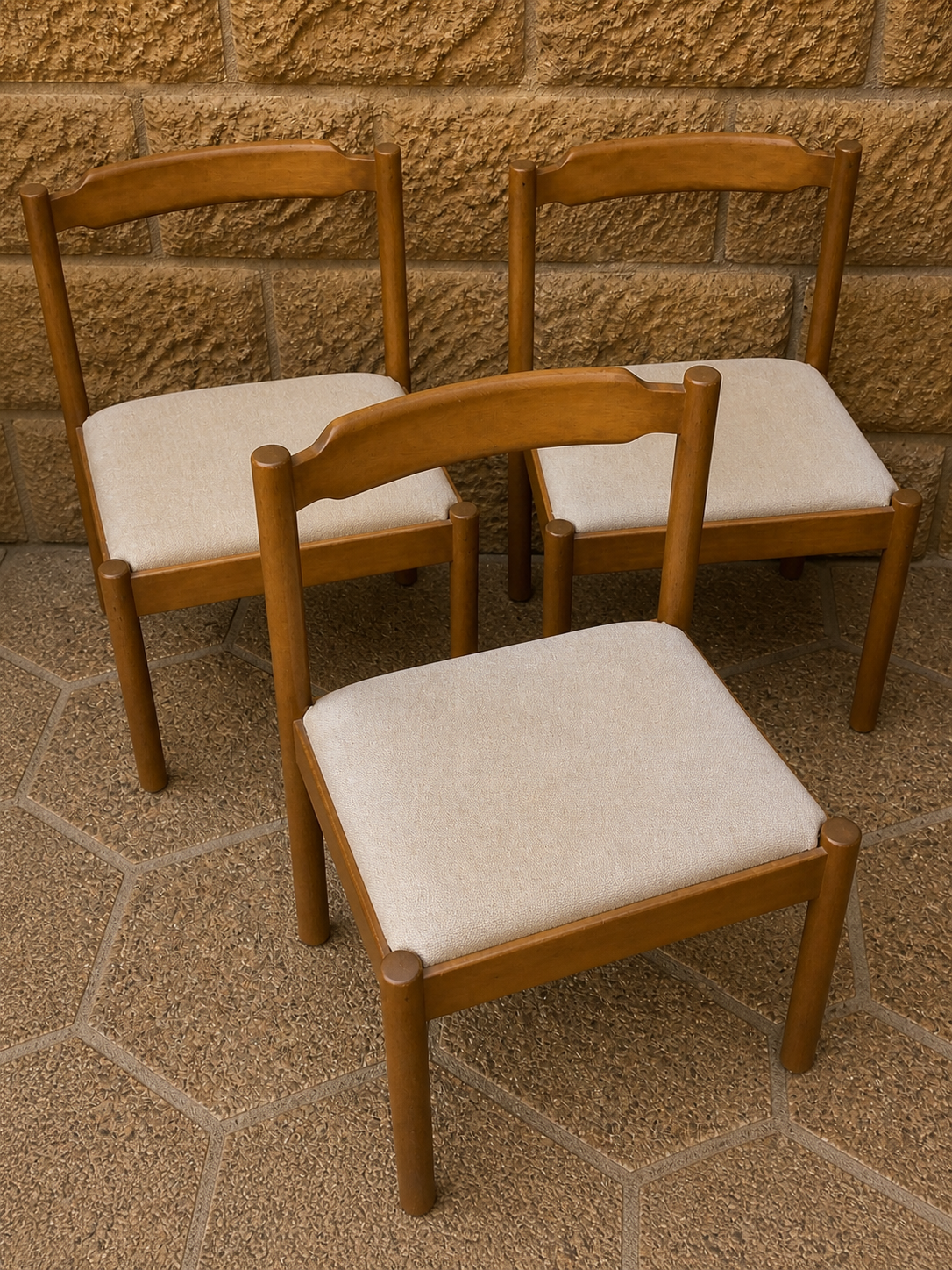 Mid Century Dining Chairs – Set of 3 Vintage Wooden Chairs with Upholstered Seats, 1960s Scandinavian Style