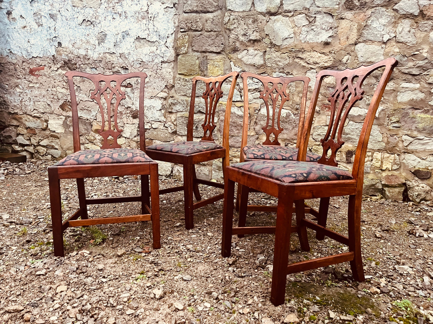 Vintage Dining Chairs – Set of 4 Chippendale Style Wooden Upholstered Chairs
