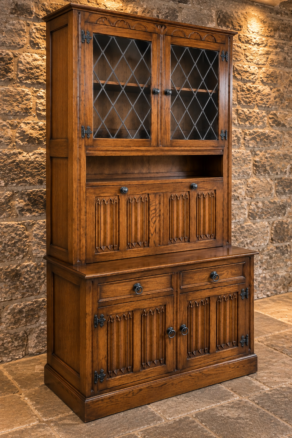 Vintage Carved Oak Tudor Revival Dresser & Leaded Glass Cabinet