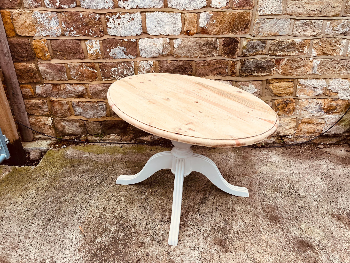 Mid-20th Century Round Solid Wood Pedestal Table | Hand-Painted Base & Natural Top