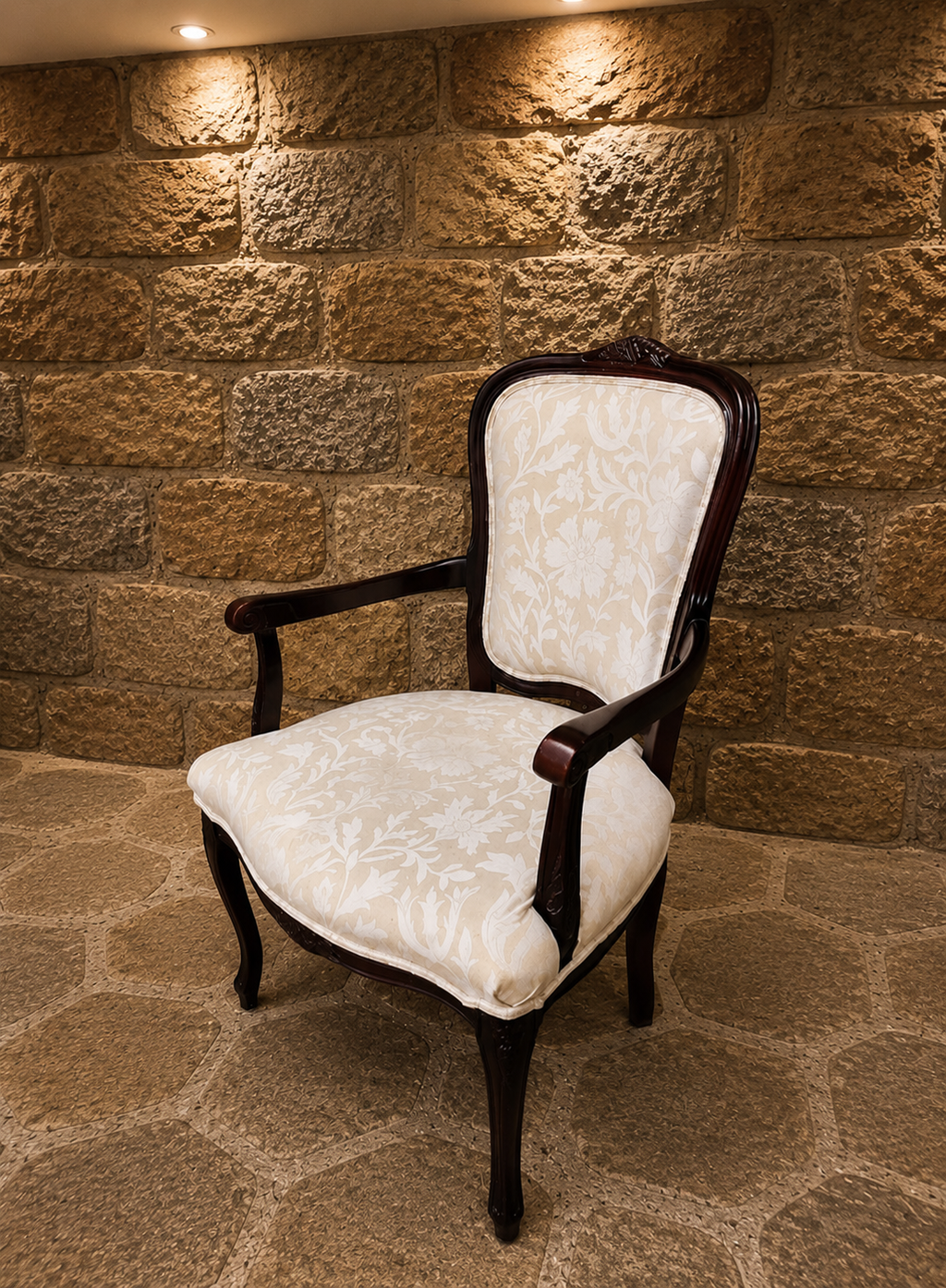French Louis XV Style Upholstered Armchair | Carved Mahogany Accent Chair