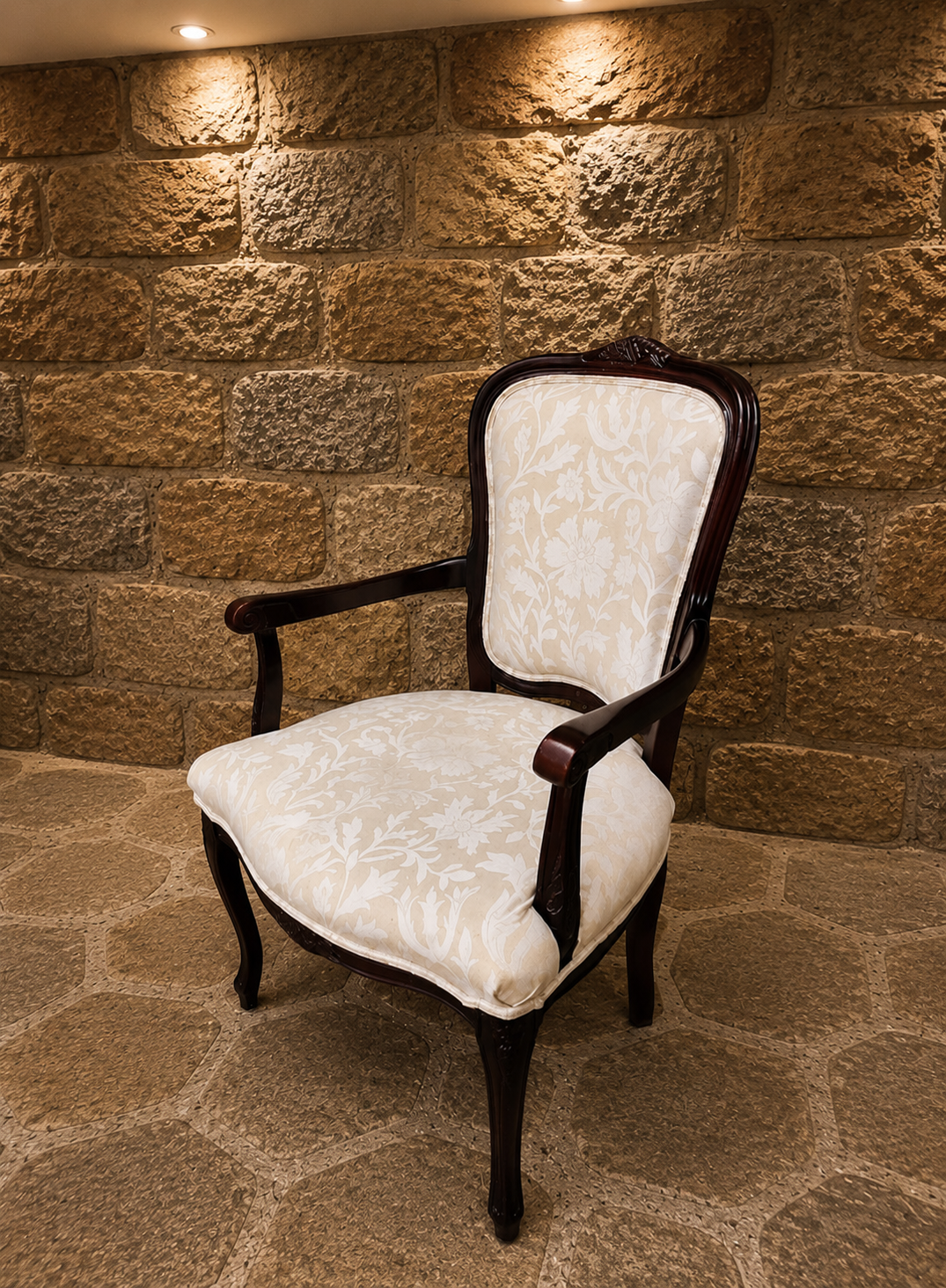 French Louis XV Style Upholstered Armchair | Carved Mahogany Accent Chair