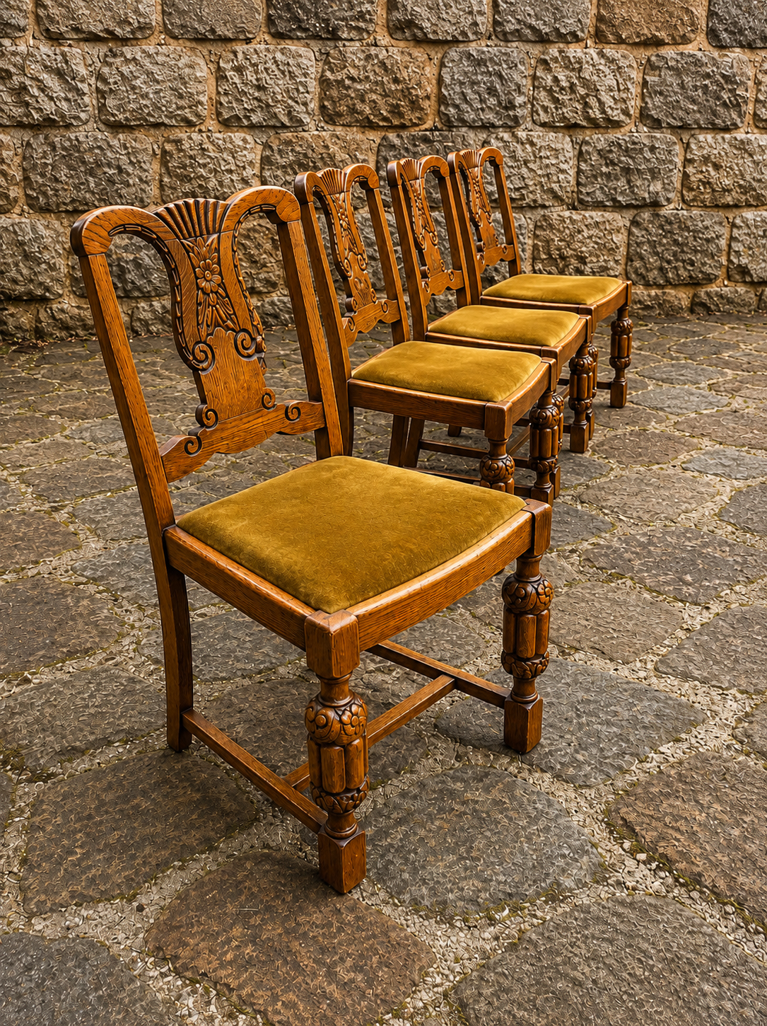 Set of Four Antique Carved Oak Dining Chairs c.1930