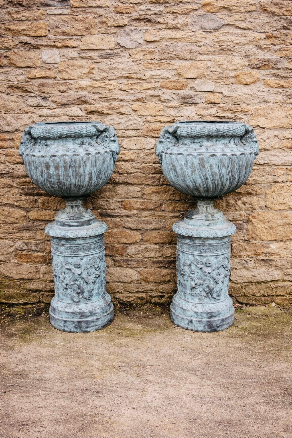 Pair of Large Bronze Neoclassical Garden Urns with Rams Head Detail – Verdigris Patina