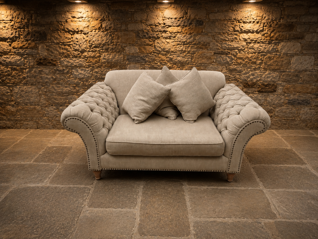 Luxury Chesterfield Style Oversized Snuggler Sofa – Neutral Linen Buttoned Love Seat