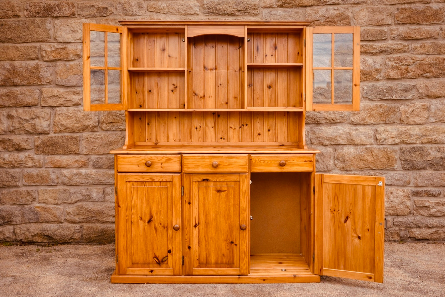 Rustic Pine Farmhouse Dresser with Glazed Display Top and Storage Base