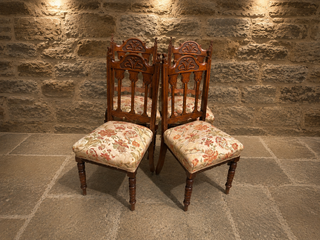 Antique Set of 4 Late Victorian Carved Dining Chairs | Ornate Upholstered High Back Chairs