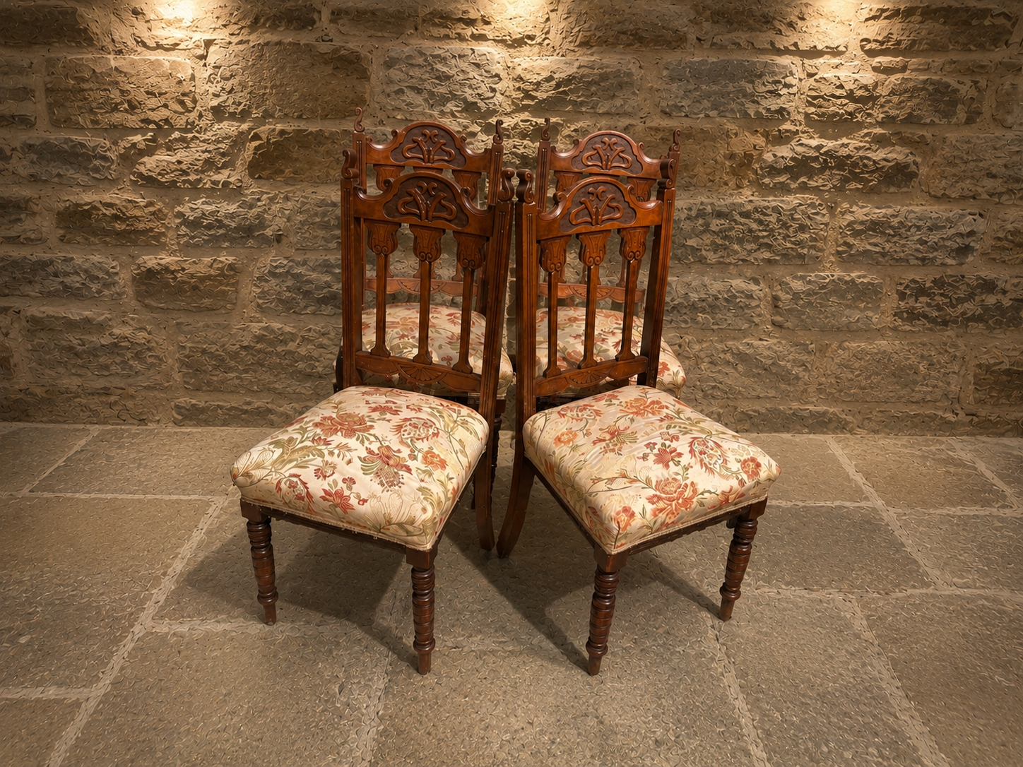 Antique Set of 4 Late Victorian Carved Dining Chairs | Ornate Upholstered High Back Chairs