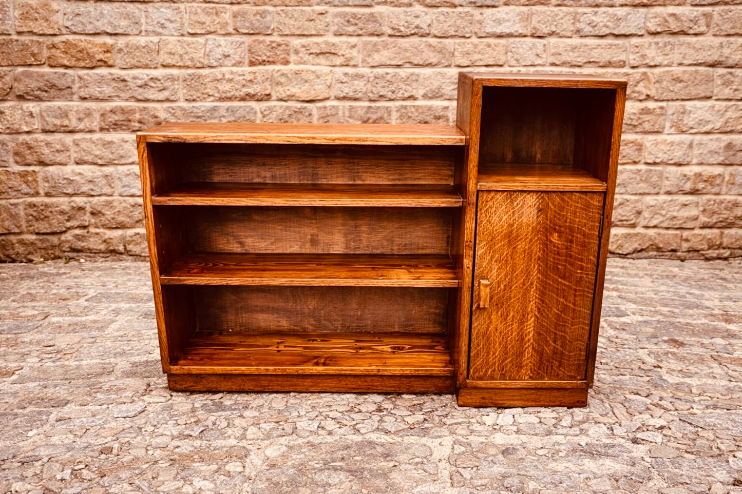 Vintage Oak Asymmetrical Bookcase – Mid Century Shelving Unit with Cupboard