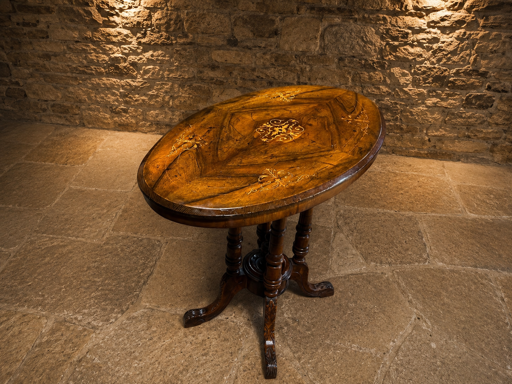 Victorian Burr Walnut Marquetry Centre Table | Antique Oval Walnut Occasional Table | English Circa 1860–1880