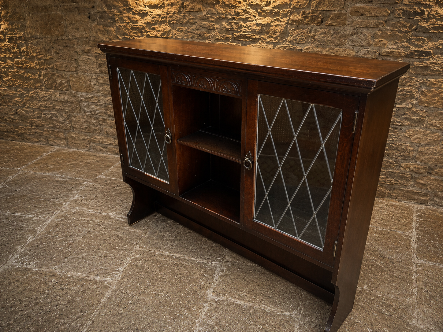 Jacobean Revival Oak Leaded Glass Sideboard | English Oak Drinks Cabinet | Country Farmhouse Display Cabinet
