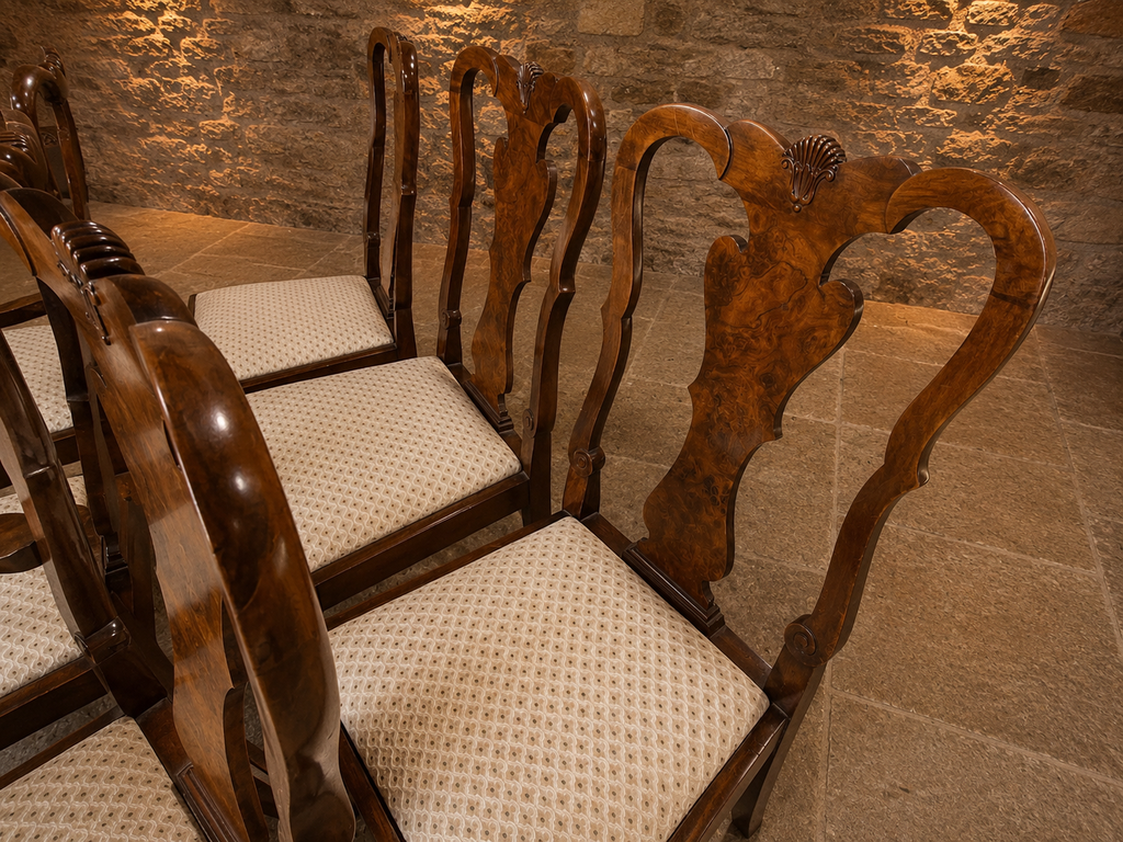 Set of 6 Queen Anne Style Dining Chairs | Mahogany & Burr Walnut Dining Chairs | Vintage English Dining Suite | 4 Chairs & 2 Carvers