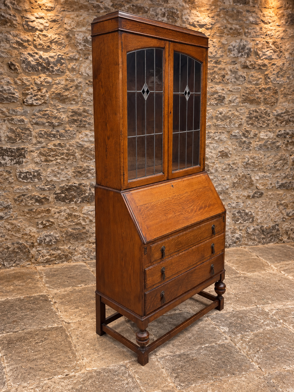 Antique Oak Bureau Bookcase with Leaded Glass Doors – c.1920