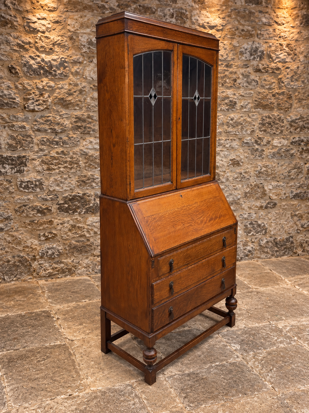 Antique Oak Bureau Bookcase with Leaded Glass Doors – c.1920