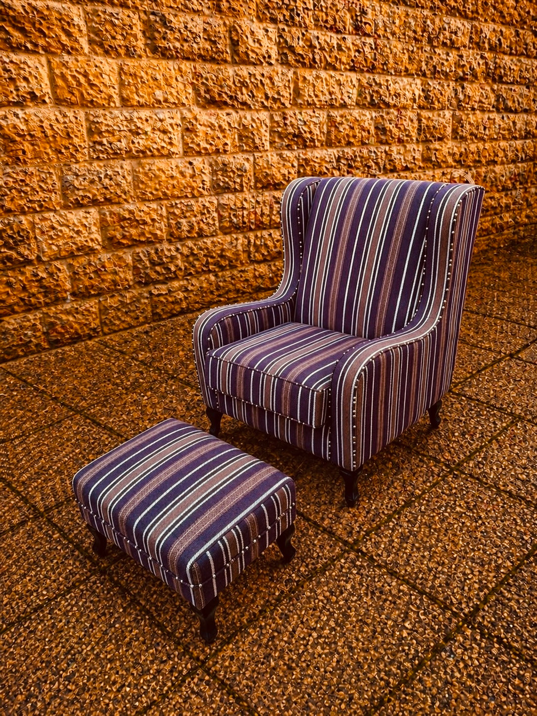 Wingback Armchair and Footstool Set – Striped Upholstered Accent Chair