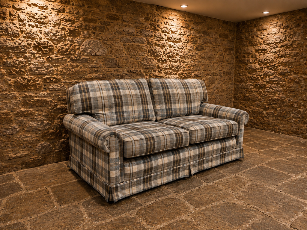 Vintage English Country House Tartan Three Seater Sofa – Traditional Roll Arm Sofa