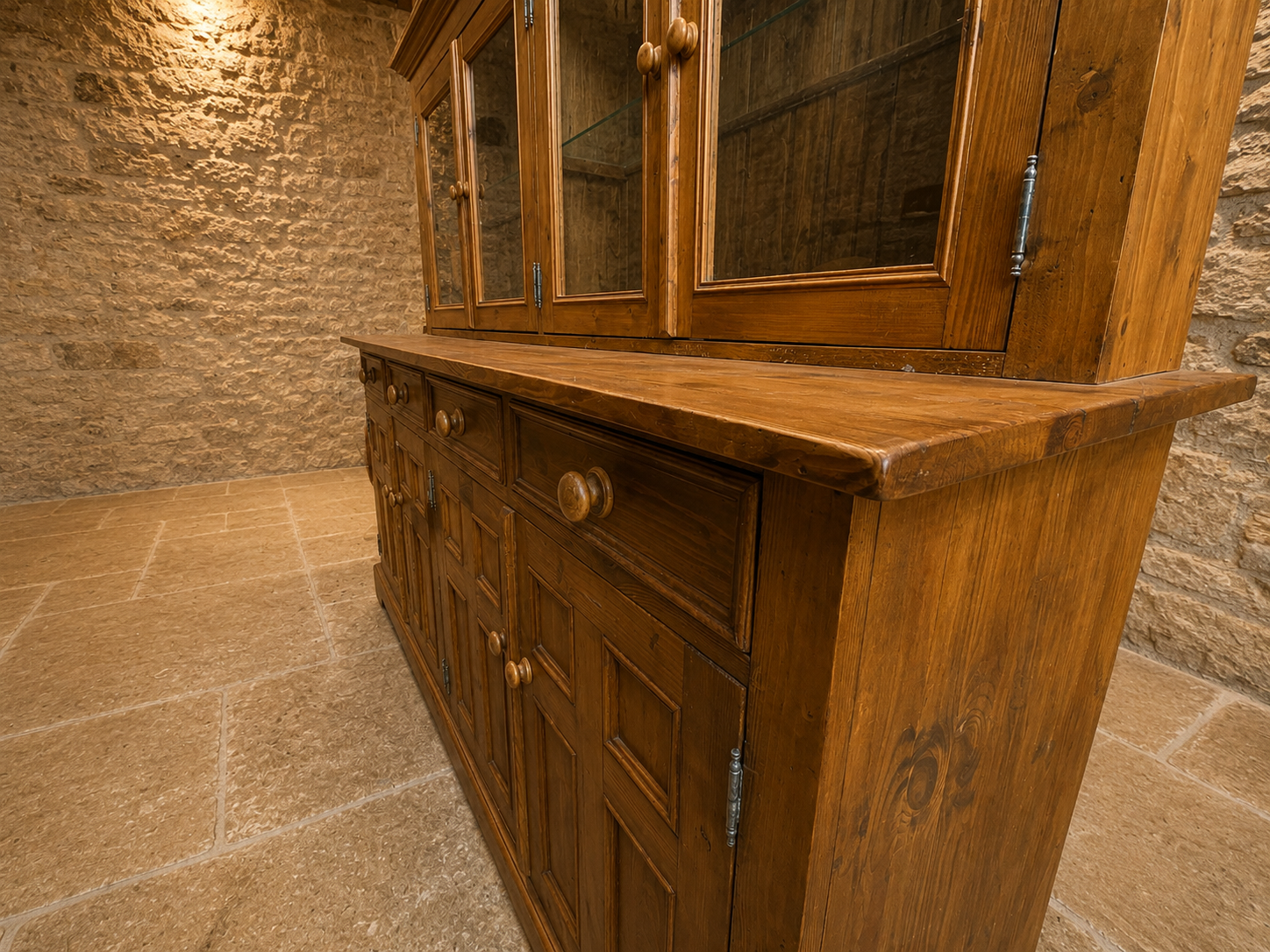 Large Solid Pine Farmhouse Dresser | Rustic Welsh Dresser | Glazed Display Cabinet