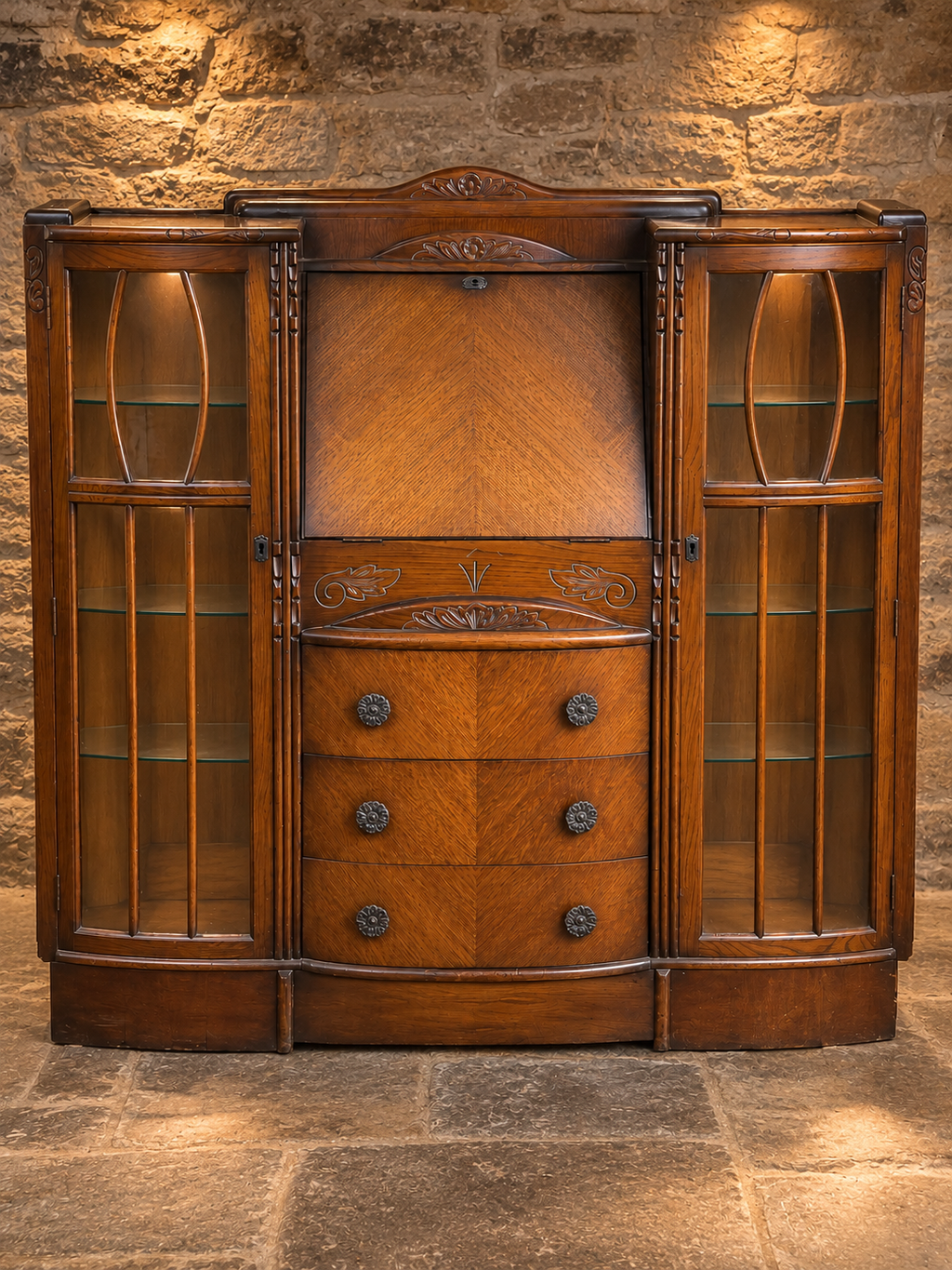 Antique Arts & Crafts Oak Side-by-Side Bureau Bookcase – Art Nouveau Display Cabinet c.1900