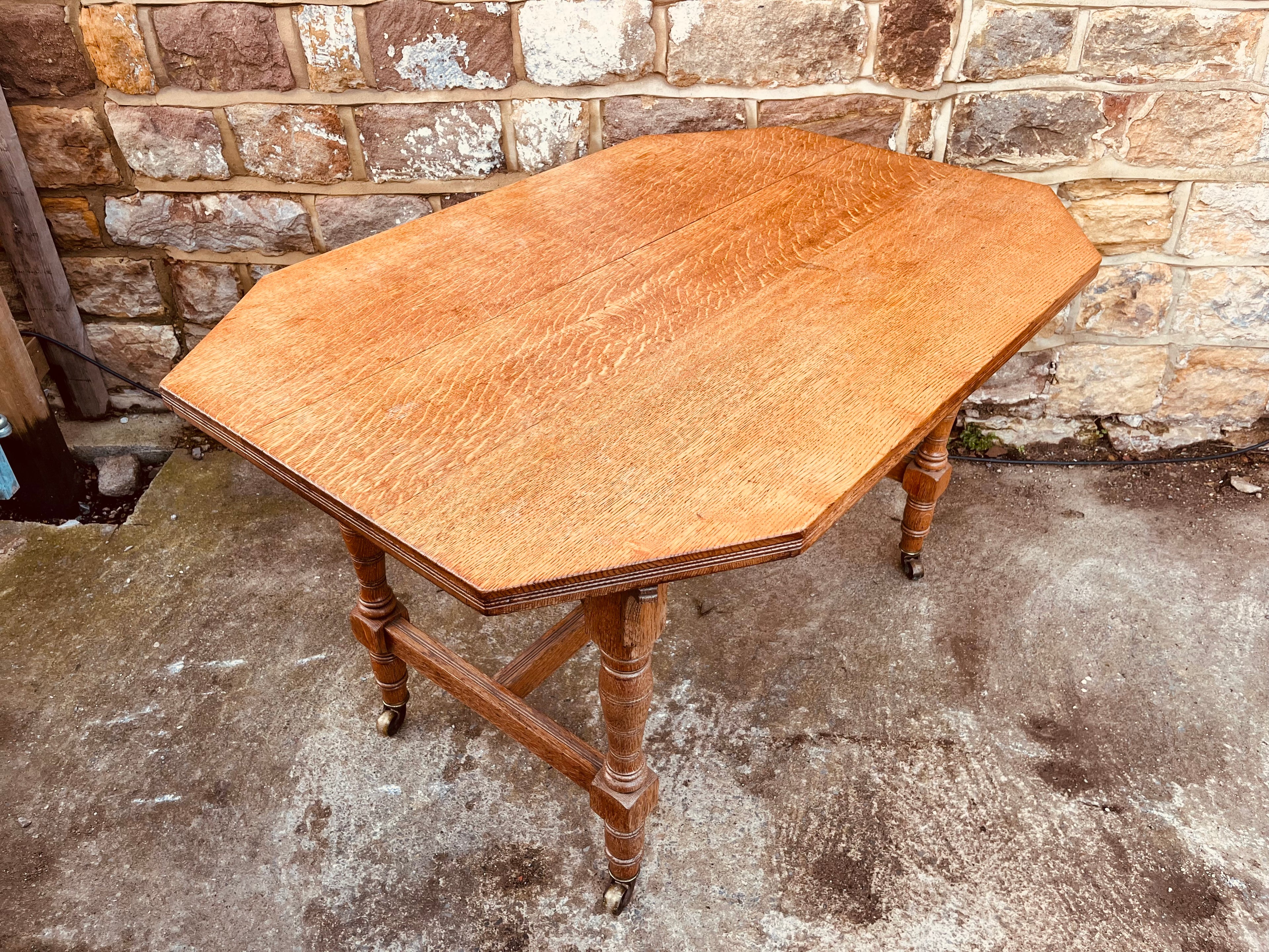 Antique Edwardian Oak Occasional Table – Octagonal Tiger Oak Side Table on Castors