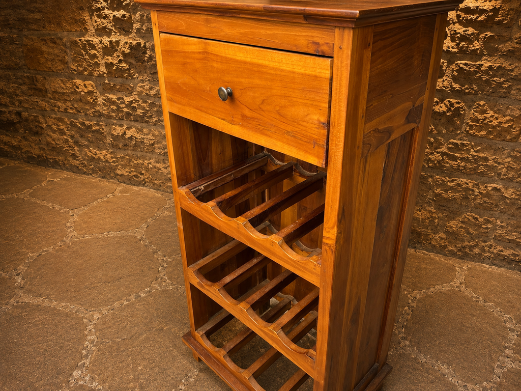 Vintage Wooden Wine Rack Cabinet – Freestanding Rustic Bottle Storage with Drawer