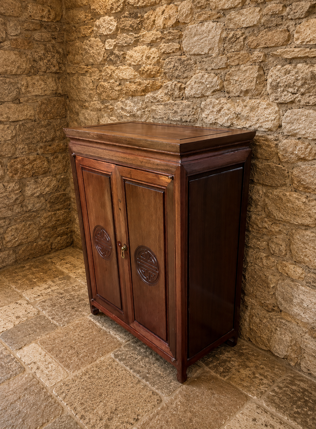 Chinese Style Hardwood Storage Cabinet with Carved Oriental Detail