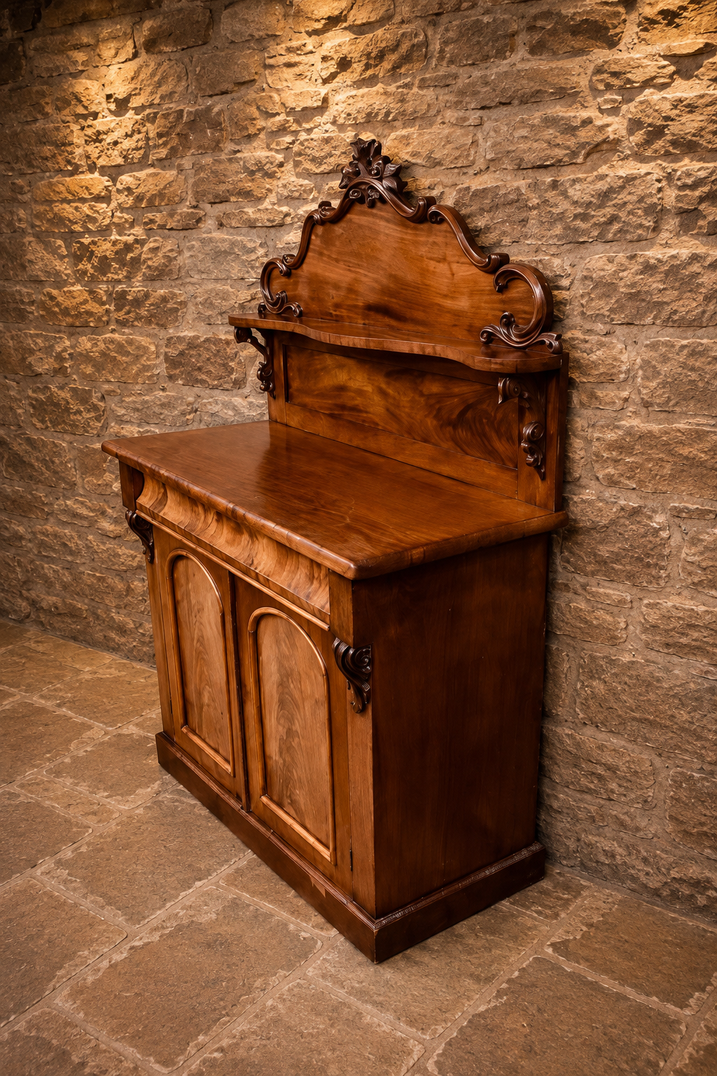 Antique Victorian Walnut Chiffonier c.1850–1870 | Walnut Side Cabinet with Carved Back