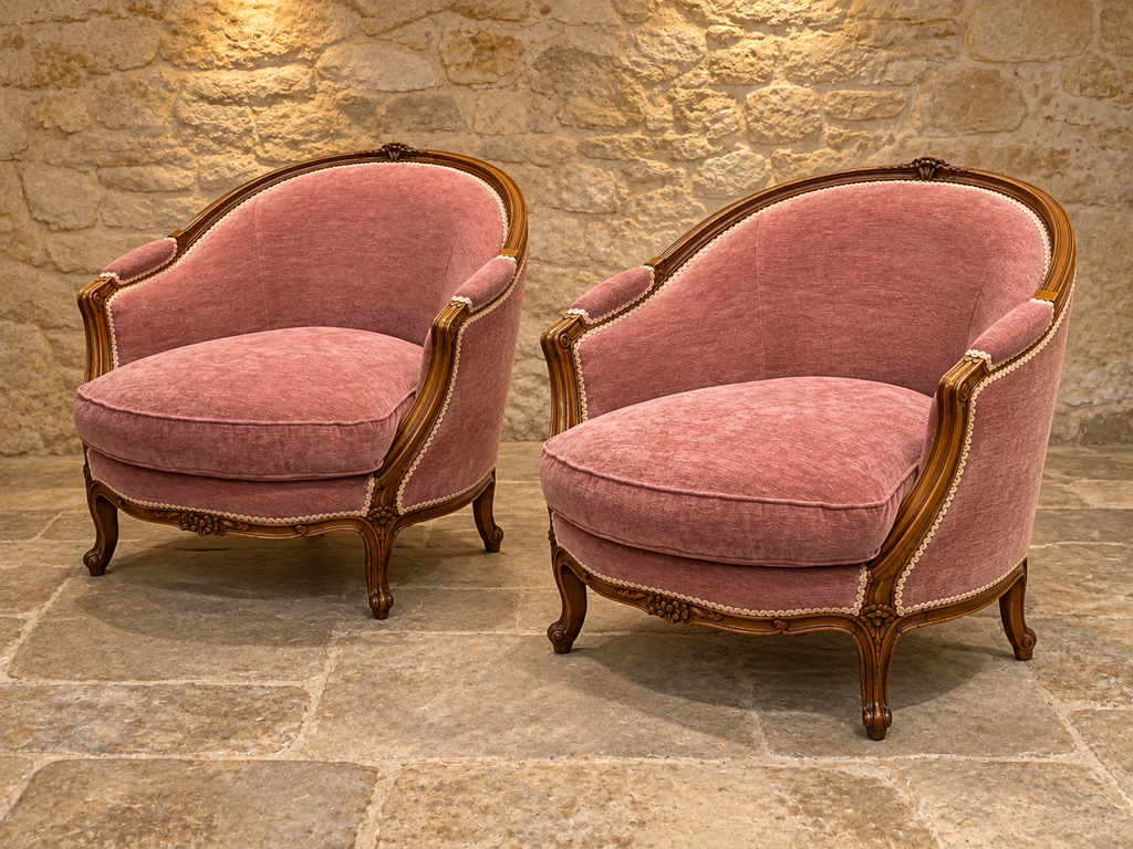Pair of vintage Louis XV style armchairs in dusty rose pink