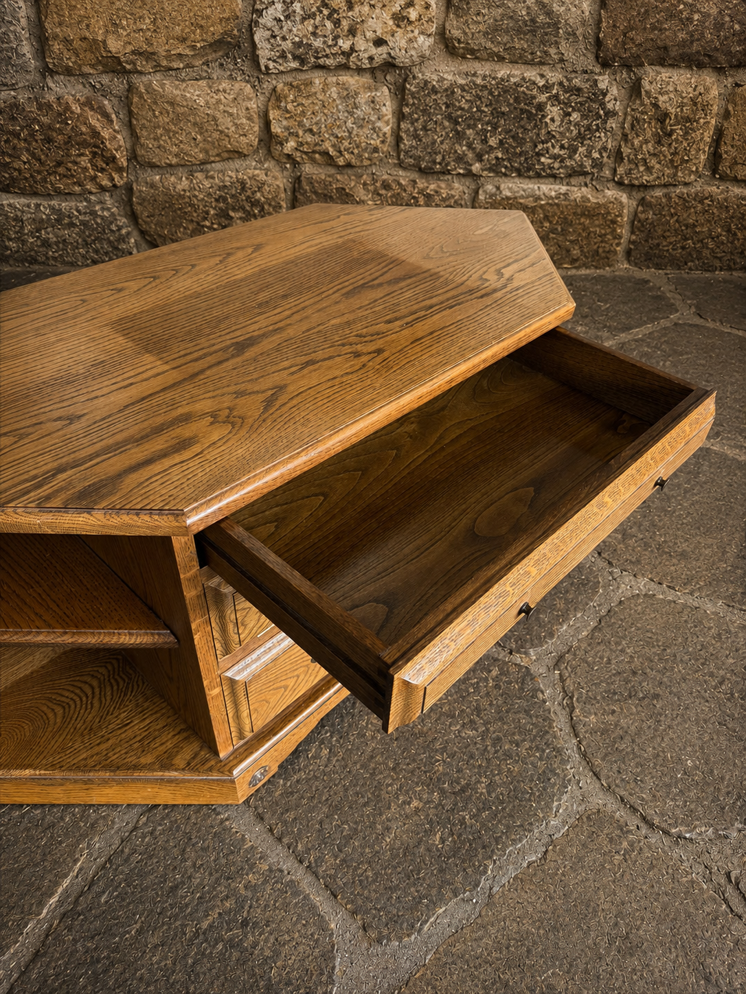Vintage Solid Oak Corner Cabinet Coffee Table – Rustic Farmhouse Storage Unit c.1980s