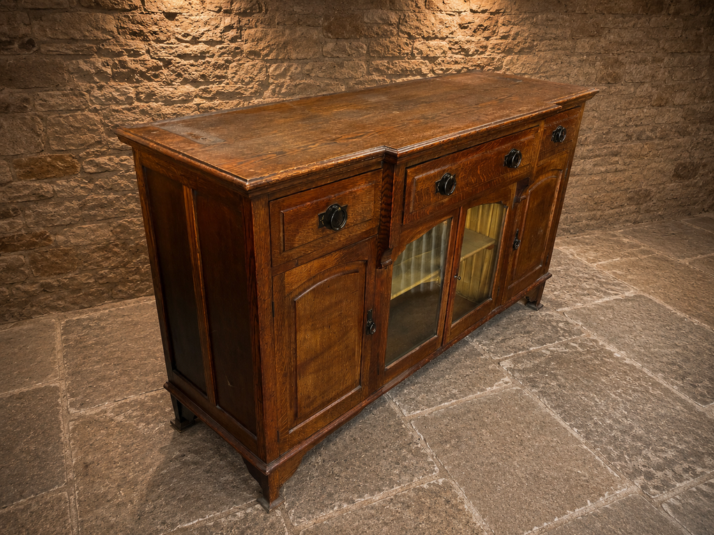 Antique Edwardian Figured Oak Sideboard c.1900 – Glazed Country House Buffet Cabinet