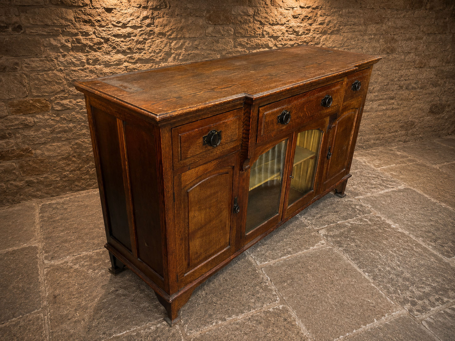 Antique Edwardian Figured Oak Sideboard c.1900 – Glazed Country House Buffet Cabinet
